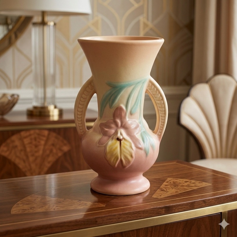 Vintage Hull‎ Pottery Orchid Vase Two Handle 1-6.5 Pink Yellow Cream Matte 6.5in